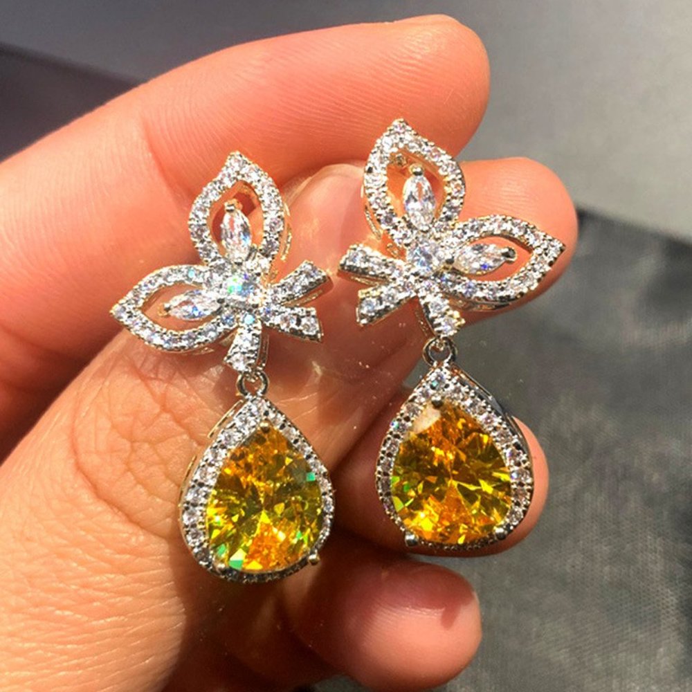 NEW Gold Diamond Butterfly Teardrop Citrine Halo Earrings - Picture 2 of 10